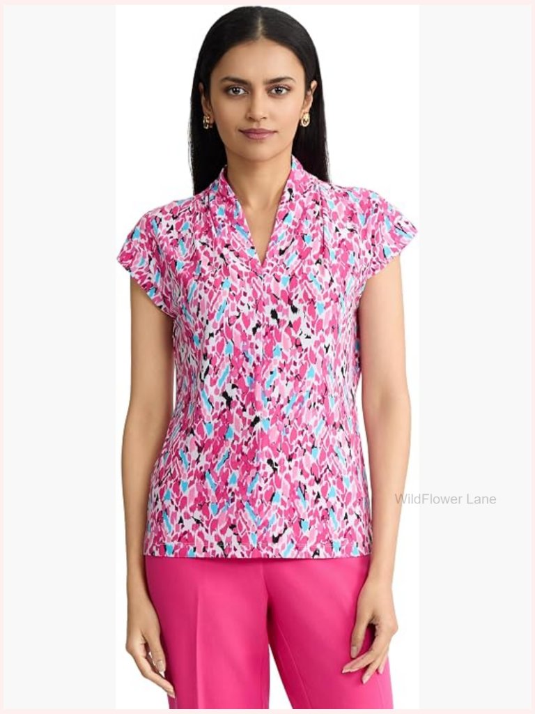 Cap Sleeve Funnel Neck Printed Top Business Casual Blouse
